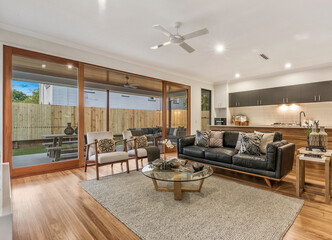 Modern new build double storey house with wooden floor boards and interior decorating