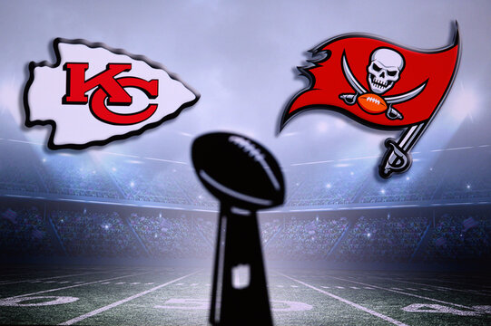 TAMPA BAY, USA, JANUARY, 25. 2021: Super Bowl LIV, the 55th Super Bowl 2020, Kansas City Chiefs vs. Tampa Bay Buccaneers. American football match, silhouette of Vince Lombardi Trophy. NFL Final