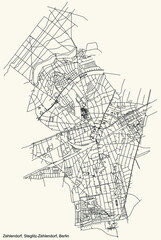 Black simple detailed city street roads map plan on vintage beige background of the neighbourhood Zehlendorf locality of the Steglitz-Zehlendorf of borough of Berlin, Germany