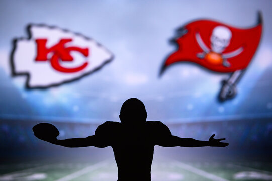 TAMPA BAY, USA, JANUARY, 25. 2021: Super Bowl LIV, the 55th Super Bowl 2020, Kansas City Chiefs vs. Tampa Bay Buccaneers. American football match, silhouette of player with open arms. NFL Final