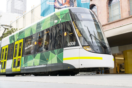 A modern city tram on a Melbourne street