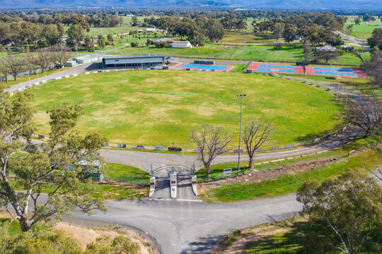 Aerial view of a sports oval in a regional town