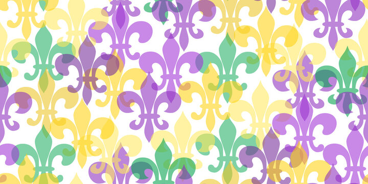Seamless pattern beautiful yellow, green, purple Fleur-de-Lis lily symbol on white background. Venetian carnival Mardi Gras party. Great for horizontal posters, header for website. Vector