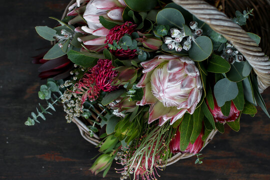 Close up of native floral arrangement in a wicker basket