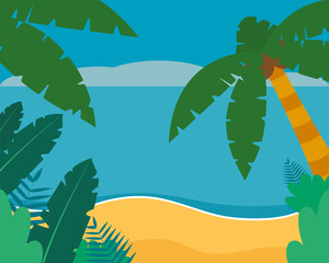 Fototapeta na wymiar beach background with tropical leaves and palms