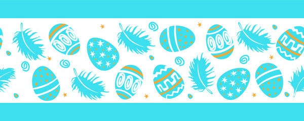 Fototapeta na wymiar Easter seamless pattern turquoise horisontal stripe with eggs and feathers. Seamless blue and gold border of ornament for Easter projects. Vector illustration.