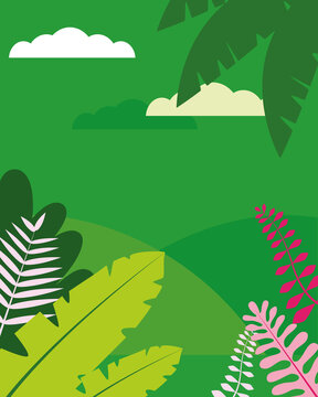 green background for stories with tropical leaves and clouds shapes