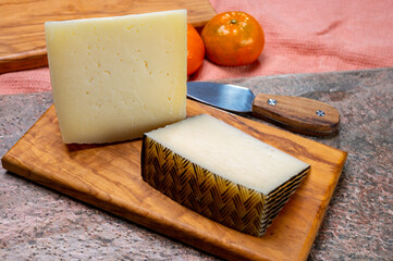 Cheese collection, pieces of hard Spanish manchego curado, viejo and iberico cheeses