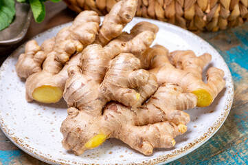 Fresh organic ginger roots, healthy food ingredient