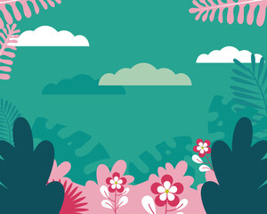 turquoise background with tropical leaves and flowers, colorful design