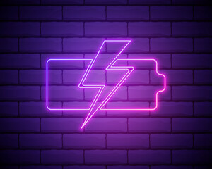Charging battery with lightning sign, technology icon. Pink neon style on brick wall background. Light icon