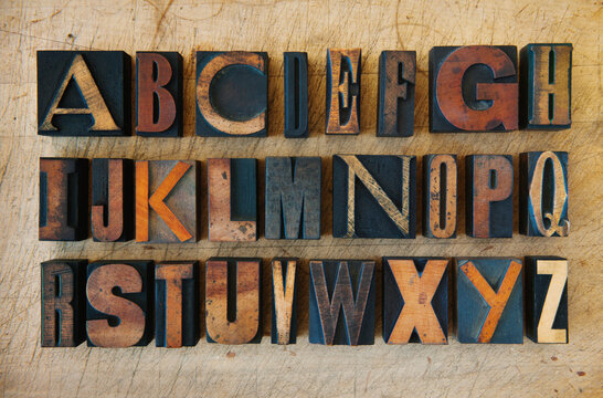 Close up of alphabet on letterpress