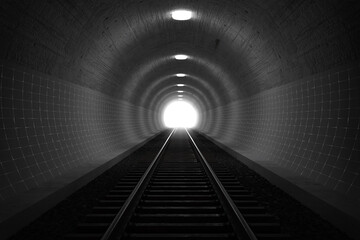 Bahntunnel mit Gleise und hellem Licht am Ausgang des Tunnels. 3D Rendering - obrazy, fototapety, plakaty
