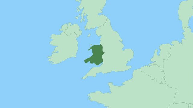 Map of Wales with pin of country capital. Wales Map with neighboring countries in green color.
