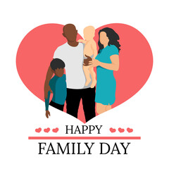 Love Family on pink heart background, parents with children in international Family. Vector illustration