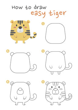 How to draw a tiger vector illustration. Draw easy tiger step by step. Cute tiger  drawing guide. Cute and easy drawing guidebook. Stock Vector | Adobe Stock
