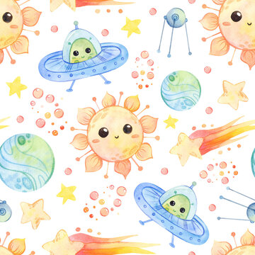 Cute cartoon universe. Space travel. Seamless pattern.Sun, planets, comets, aliens, rockets, stars on a white background.