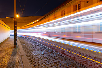 Fototapeta na wymiar Night tram in Prague