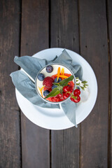 Summer time dessert made decorated with berries.