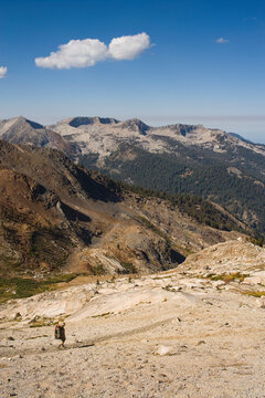 USA, California, Sequoia National Park, Five Lakes trail, Hiker walking