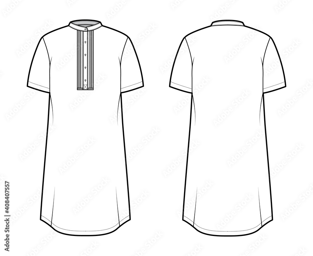 Canvas Prints Shirt kurta technical fashion illustration with short sleeves, embellished henley neck. Flat indian shalwar qameez tunic apparel outwear template front, back, white color. Women men unisex CAD mockup