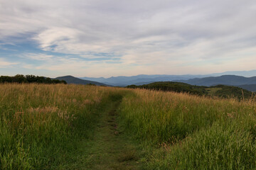 Fototapeta na wymiar Appalachian Trail at sunset, view from Max Patch bald over the Great Smoky Mountains