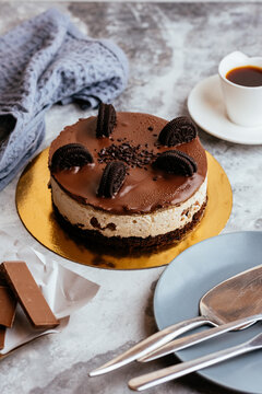 A variety of sweet homemade desserts on a light marble backgroun