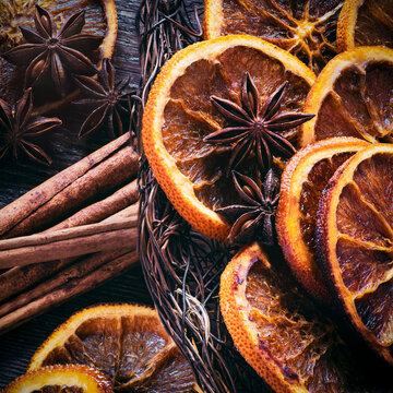 Christmas backdrop, caramelised orange slicers with star of anis spice