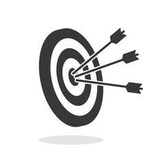 Target with an arrows hit the center. Business challenge and goal achievement concept. Flight path. Vector illustration isolated on white background. Black icon.