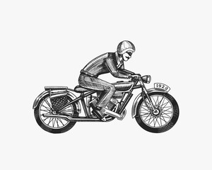 Fototapeta na wymiar Motorcycle for biker club templates. Vintage custom emblem, label badge. Fire racer for t shirt. Monochrome retro style. Classic sport motorbike. Hand drawn engraved sketch