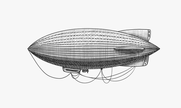 Airship Or Zeppelin And Dirigible Or Blimp. Engraved Hand Drawn In Old Sketch Style, Vintage Transport.