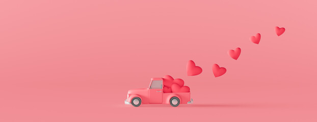 Cute pink car with red hearts. Valentine's day concept on pink background 3d render 3d illustration