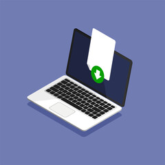 Uploading files to computer. Download process. Document icon loads on the laptop display. Isometric vector illustration.