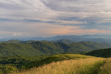 Fototapeta na wymiar Trail at sunset, view from Max Patch bald over the Great Smoky Mountains