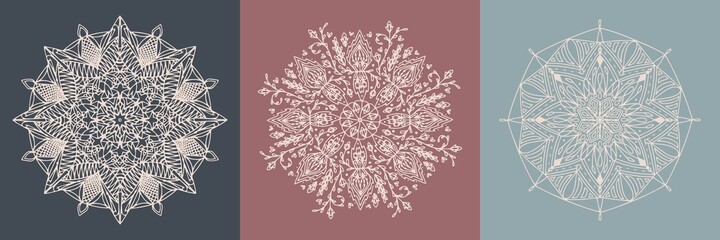 Hand drawn set isolated element on color background. Original authentic boho and ethnic style mandala indian, arabic.