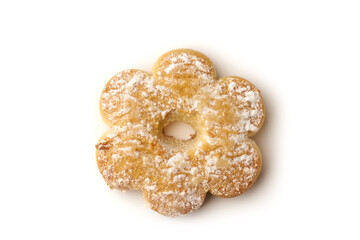 Top view of cookie with powdered sugar isolated on white background