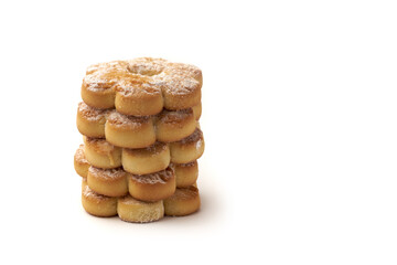 Several cookies covered with powdered sugar isolated on white background