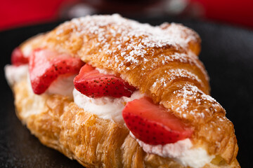 Fresh Strawberry Croissant with Cream and Coffee