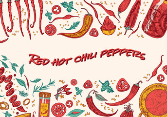 Red hot chili peppers in vintage style. Salad ingredients. Farm vegetable banner or poster. Vector illustration. Hand drawn engraved retro sketch. Background for restaurant menu - obrazy, fototapety, plakaty