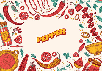 Red hot chili peppers in vintage style. Salad ingredients. Farm vegetable banner or poster. Vector illustration. Hand drawn engraved retro sketch. Background for restaurant menu