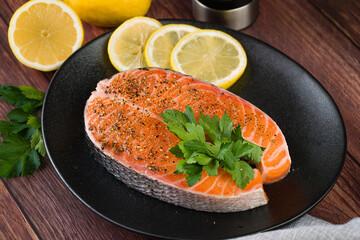 Fresh Raw Salmon Plated with Lemon