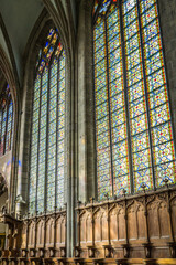 Amazing and colorful stained glass windows in the Sainte Chapelle, a gothic chapel of the 15th century