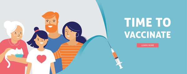 Family Vaccination concept design. Time to vaccinate banner - syringe with vaccine for COVID-19, flu or influenza and a family