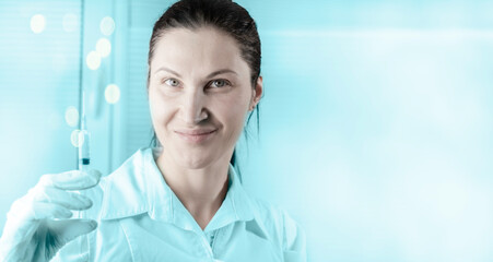 doctor healthcare worker in clinic with syringe with vaccine
