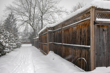 Long snow capped cedar fence along a snowy pathway with cedar hedges leading to a park during a...