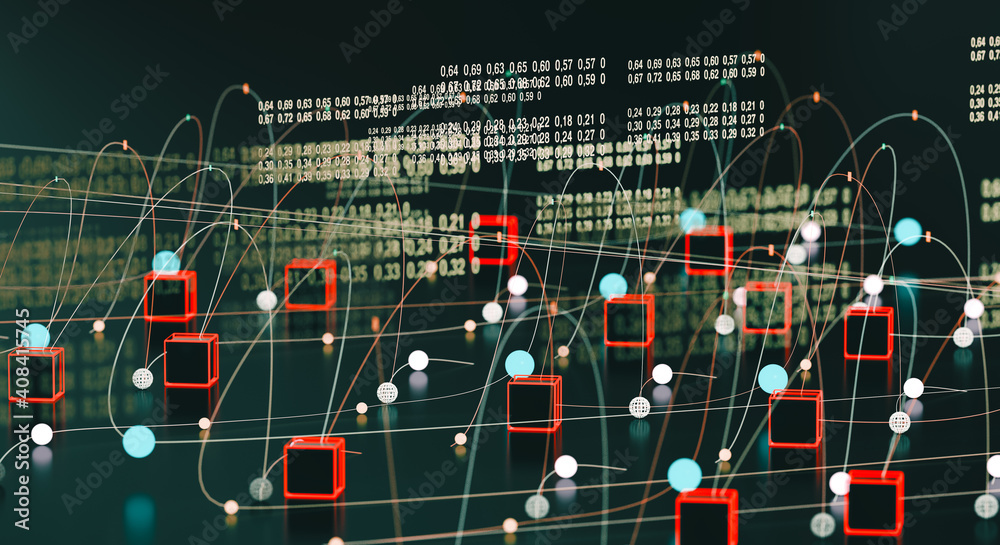 Canvas Prints Fondo tecnológico y científico. Ingeniería informática y concepto de cadena de bloques. Big data y comunicación. Internet y análisis de datos en la web. Trabajo en equipo y programación de software 