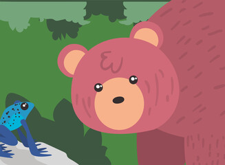 bear and frog at jungle landscape vector design