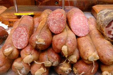 Marche food Ciauscolo is a spreadable salami sausage typical of the Marche region in Italy isolated...