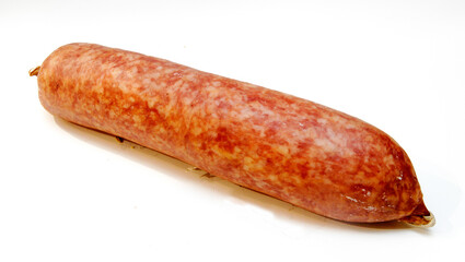 Ciauscolo is a spreadable salami sausage typical of the Marche region in Italy isolated on a white background