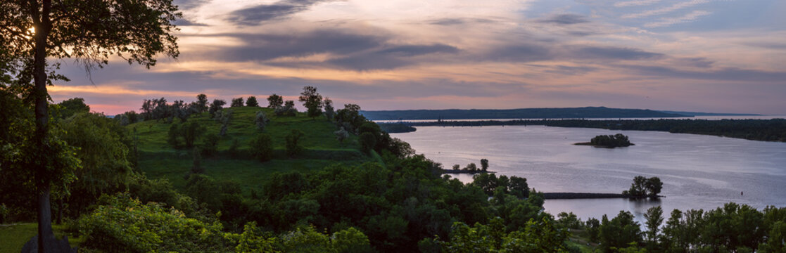 Dnipro river summer evening view from Taras Hill or Chernecha Hora (Monk Hill - important landmark of the Taras Shevchenko National Preserve, Kaniv, Cherkasy Region, Ukraine.
